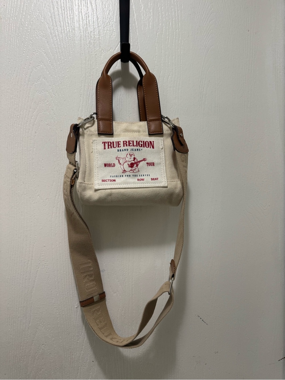 True Religion Men's Cream Canvas Crossbody Bag with Brown Leather Handles